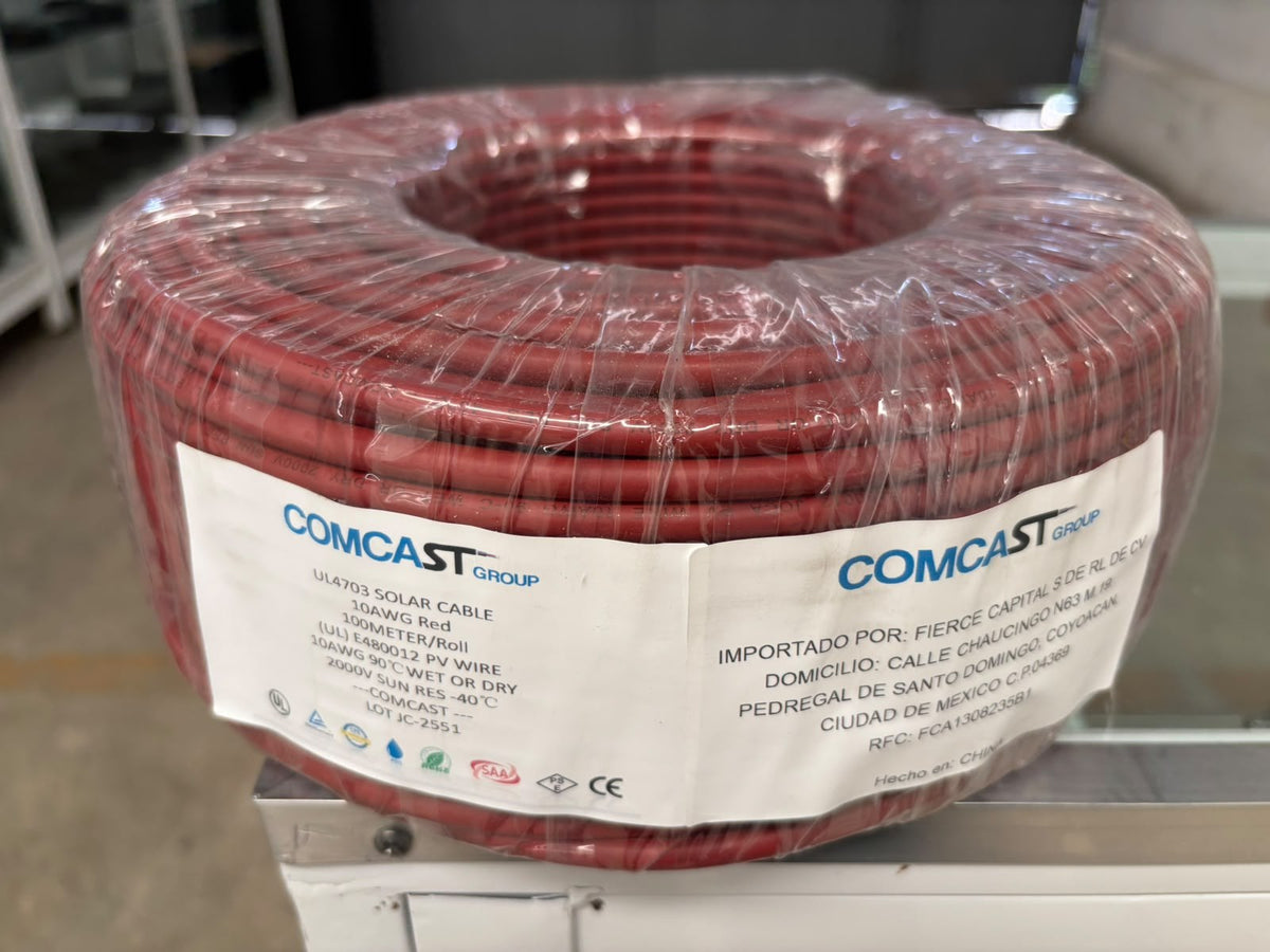 Cable fotovoltaico Comcast 10 AWG rojo 2000 V, rollo de 100 m, UL 4703 - foto real Cable fotovoltaico Comcast 10 AWG rojo 2000 V, rollo de 100 m, UL 4703 - foto real