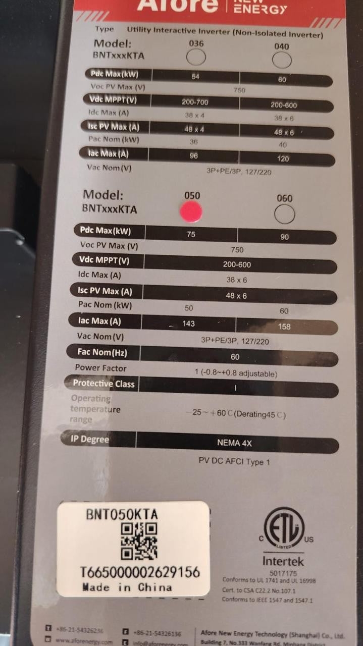 Inversor AFORE 50 kW BNT050KTA - placa de datos, foto real Inversor AFORE 50 kW BNT050KTA - placa de datos, foto real