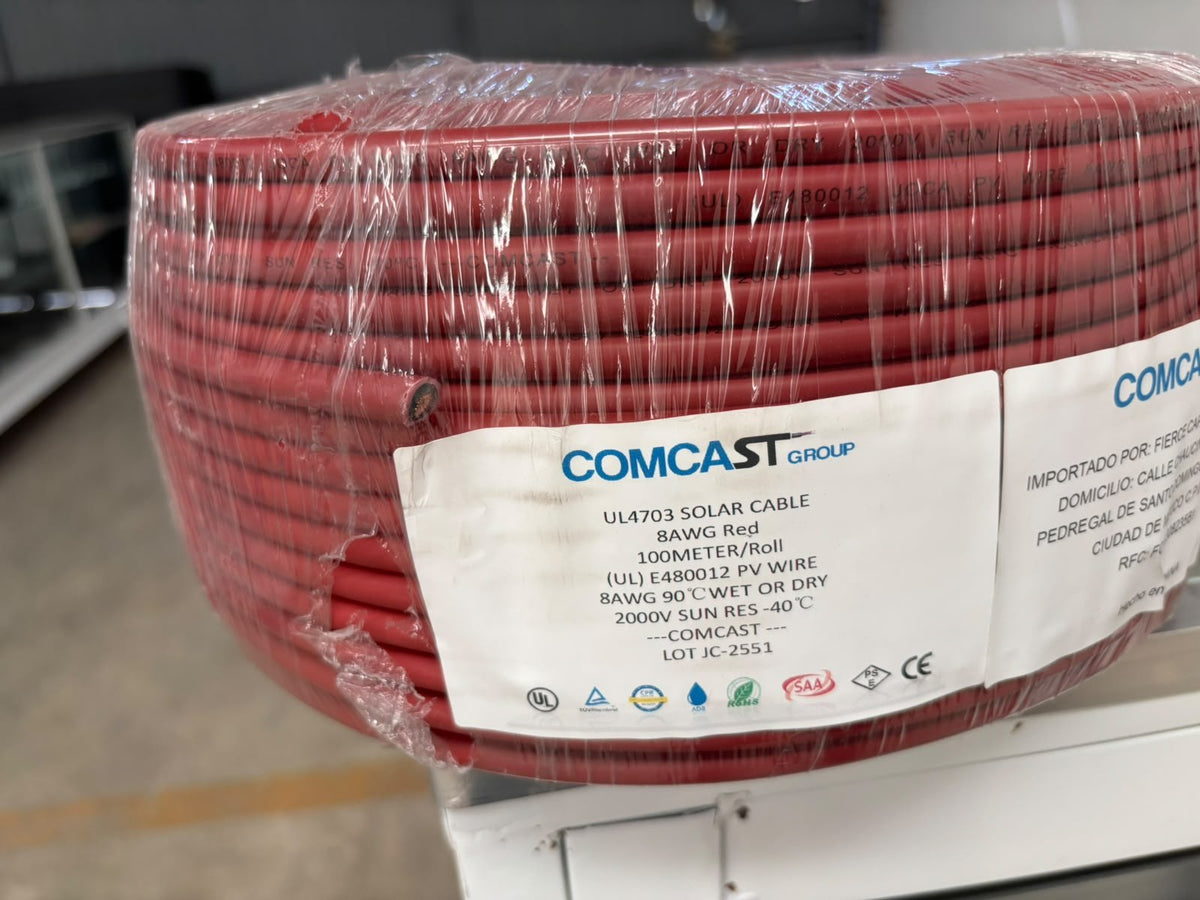Cable fotovoltaico Comcast 8 AWG rojo 2000 V, rollo de 100 m, UL 4703 - foto real