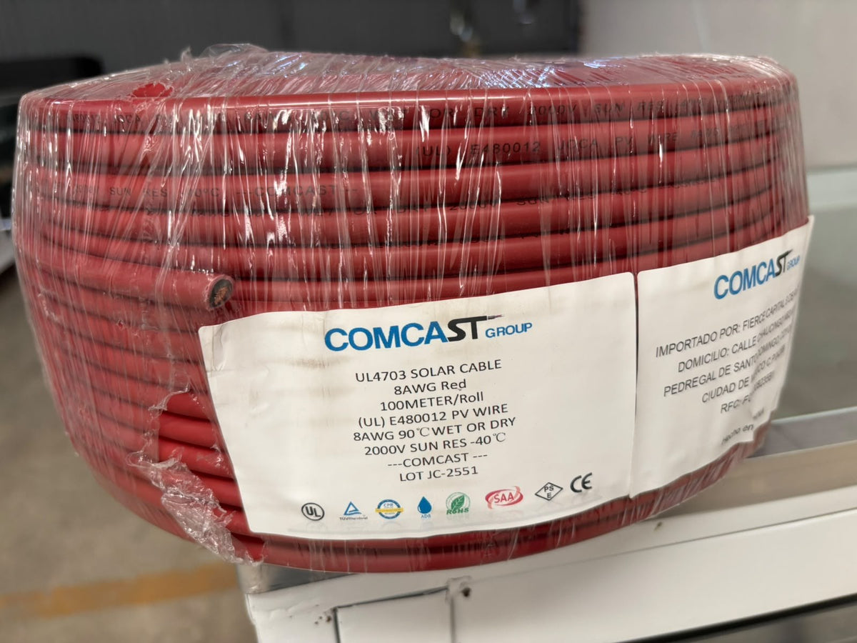 Cable fotovoltaico Comcast 8 AWG rojo 2000 V, rollo de 100 m, UL 4703 - foto real