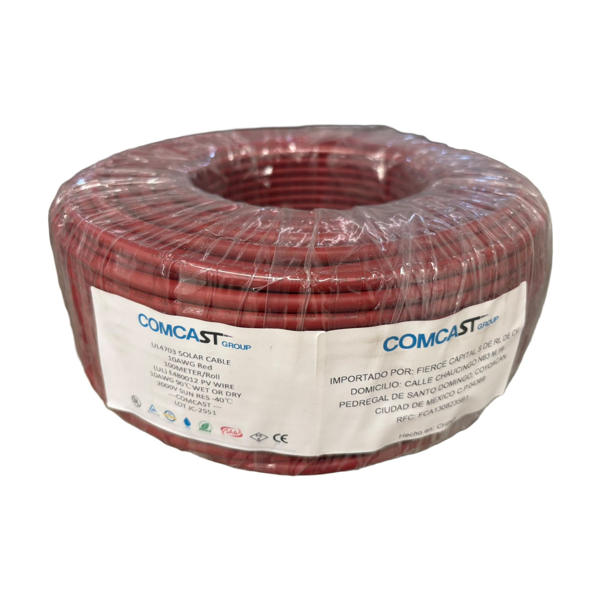 Cable fotovoltaico Comcast 10 AWG rojo 2000 V, rollo de 100 m, UL 4703 - fondo blanco
