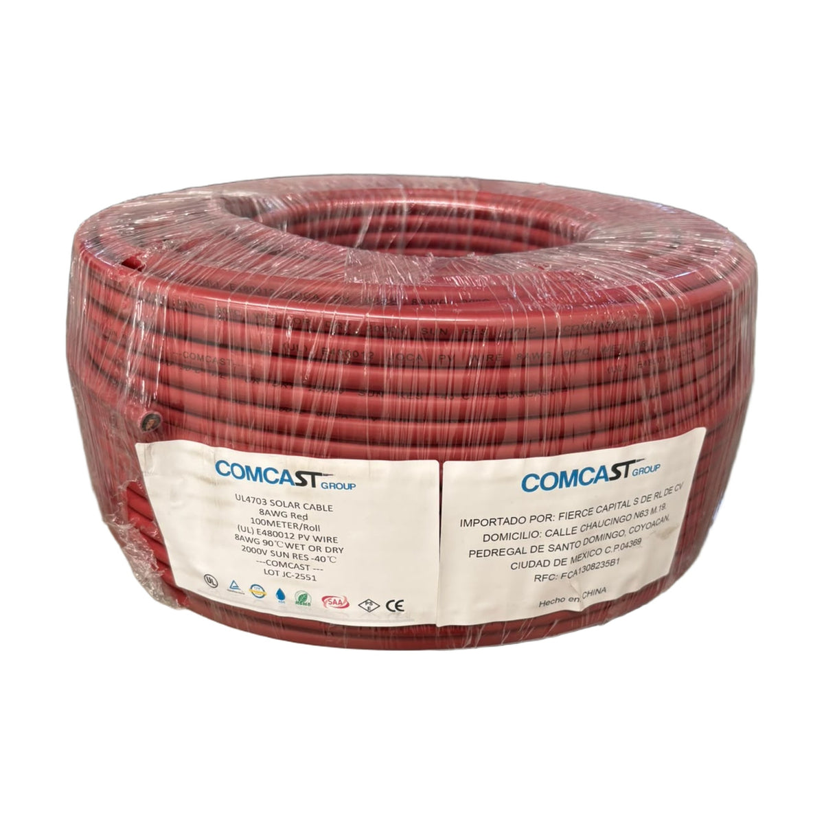 Cable fotovoltaico Comcast 8 AWG rojo 2000 V, rollo de 100 m, UL 4703 - fondo blanco
